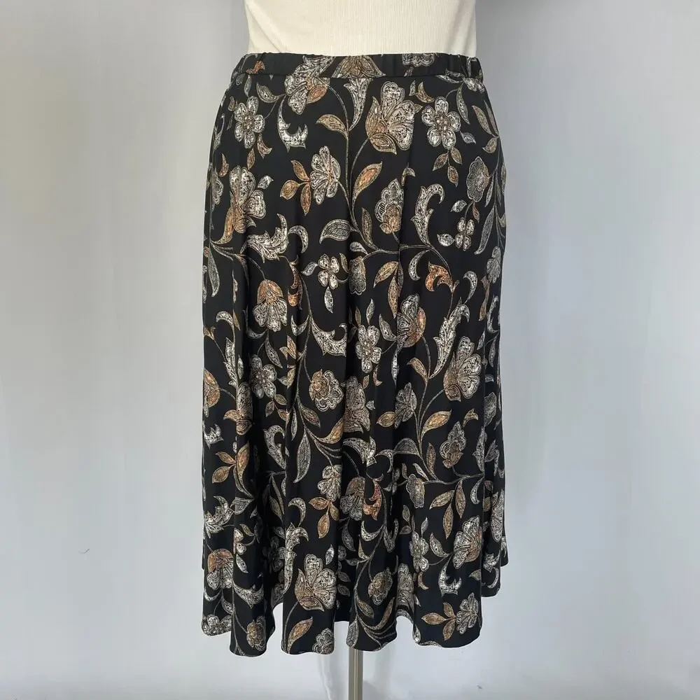 J Jill A Line Skirt Size Large Black Tan Floral Minimal Long Midi Boho Spring